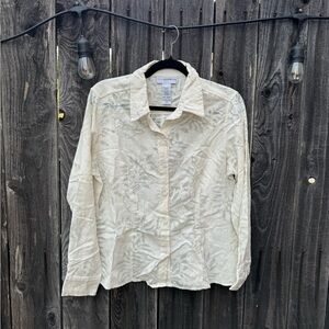 Sag Harbor Petite White with Silver Metallic Accent semi-sheer button down shirt